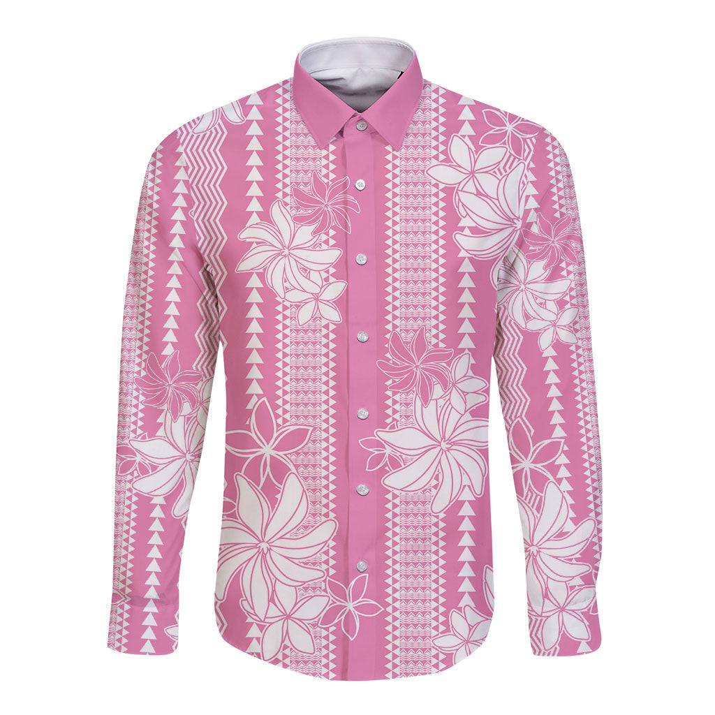Hawaii Kakau Tribal Long Sleeve Button Shirt With Pink Tiare LT05 Unisex Pink - Polynesian Pride
