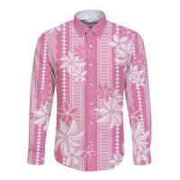 Hawaii Kakau Tribal Long Sleeve Button Shirt With Pink Tiare LT05 Unisex Pink - Polynesian Pride
