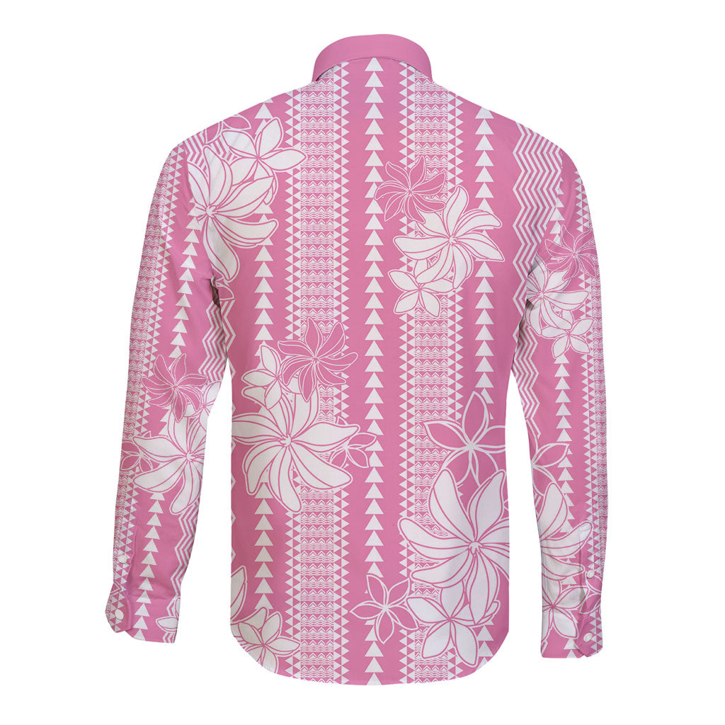 Hawaii Kakau Tribal Long Sleeve Button Shirt With Pink Tiare LT05 - Polynesian Pride
