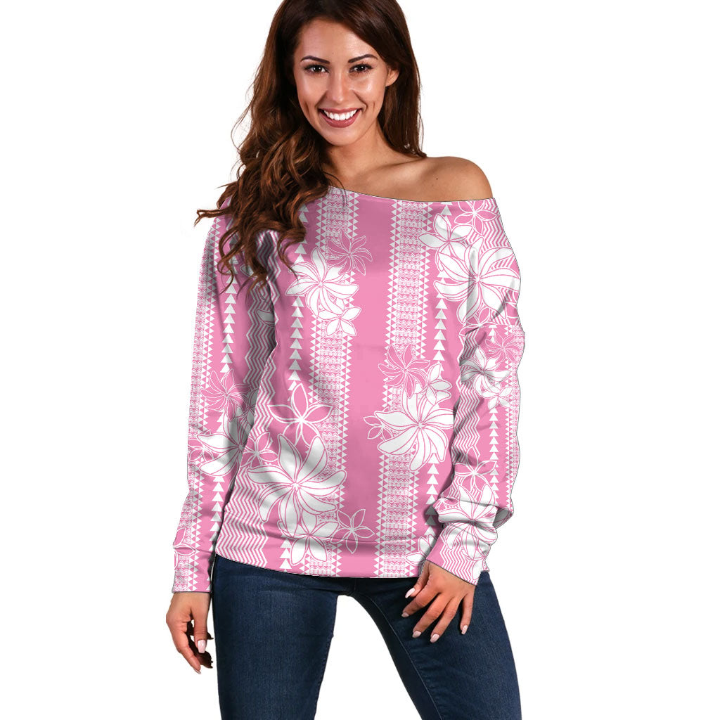 Hawaii Kakau Tribal Off Shoulder Sweater With Pink Tiare LT05 Women Pink - Polynesian Pride
