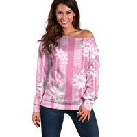 Hawaii Kakau Tribal Off Shoulder Sweater With Pink Tiare LT05 Women Pink - Polynesian Pride