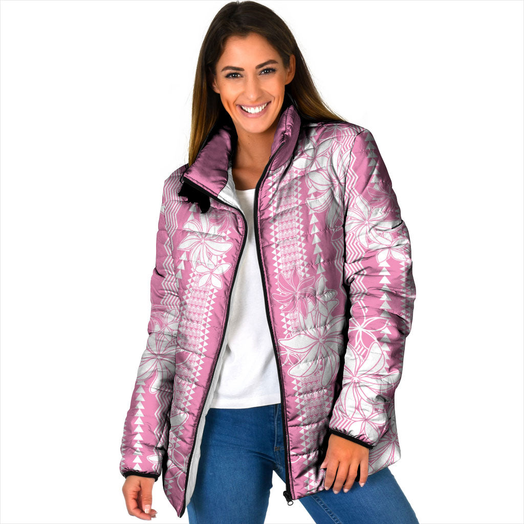 Hawaii Kakau Tribal Padded Jacket With Pink Tiare LT05 Women Pink - Polynesian Pride