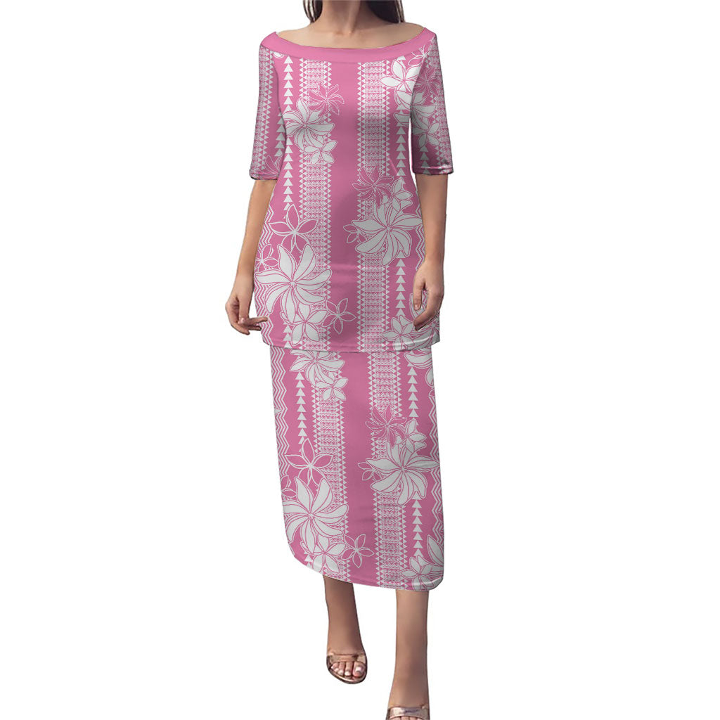 Hawaii Kakau Tribal Puletasi With Pink Tiare LT05 Long Dress Pink - Polynesian Pride