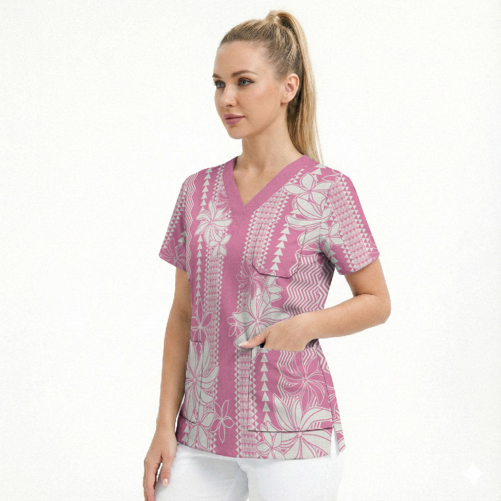 Hawaii Kakau Tribal Scrub Top With Pink Tiare LT05 - Polynesian Pride