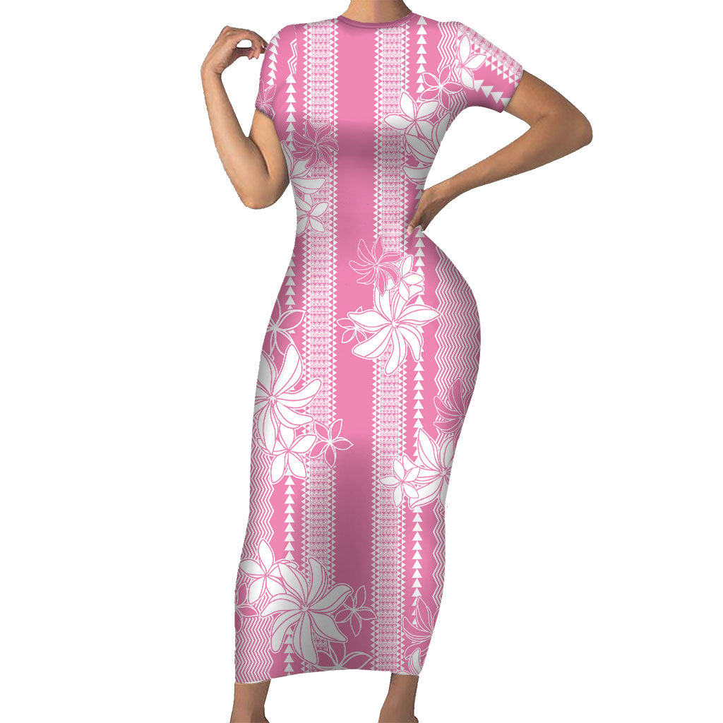Hawaii Kakau Tribal Short Sleeve Bodycon Dress With Pink Tiare LT05 Long Dress Pink - Polynesian Pride