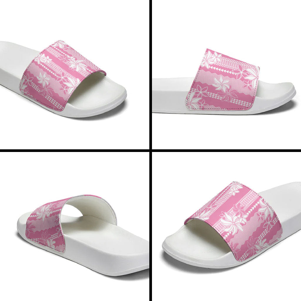 Hawaii Kakau Tribal Slide Sandals With Pink Tiare LT05 - Polynesian Pride