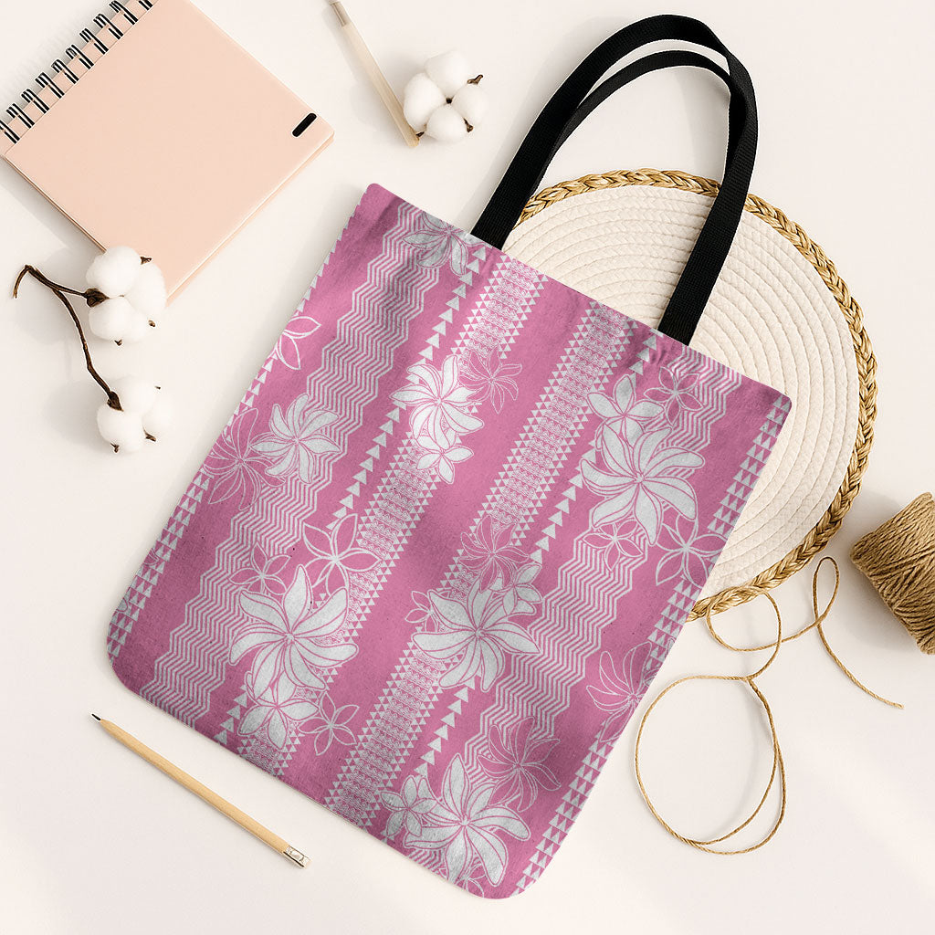Hawaii Kakau Tribal Tote Bag With Pink Tiare LT05 Black Strap One Size Pink - Polynesian Pride