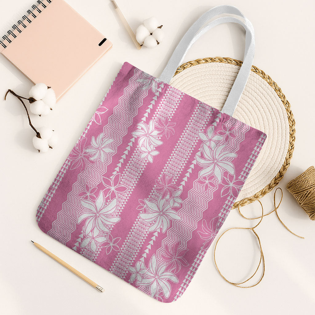 Hawaii Kakau Tribal Tote Bag With Pink Tiare LT05 White Strap One Size Pink - Polynesian Pride