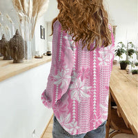 Hawaii Kakau Tribal Women Casual Shirt With Pink Tiare LT05 - Polynesian Pride