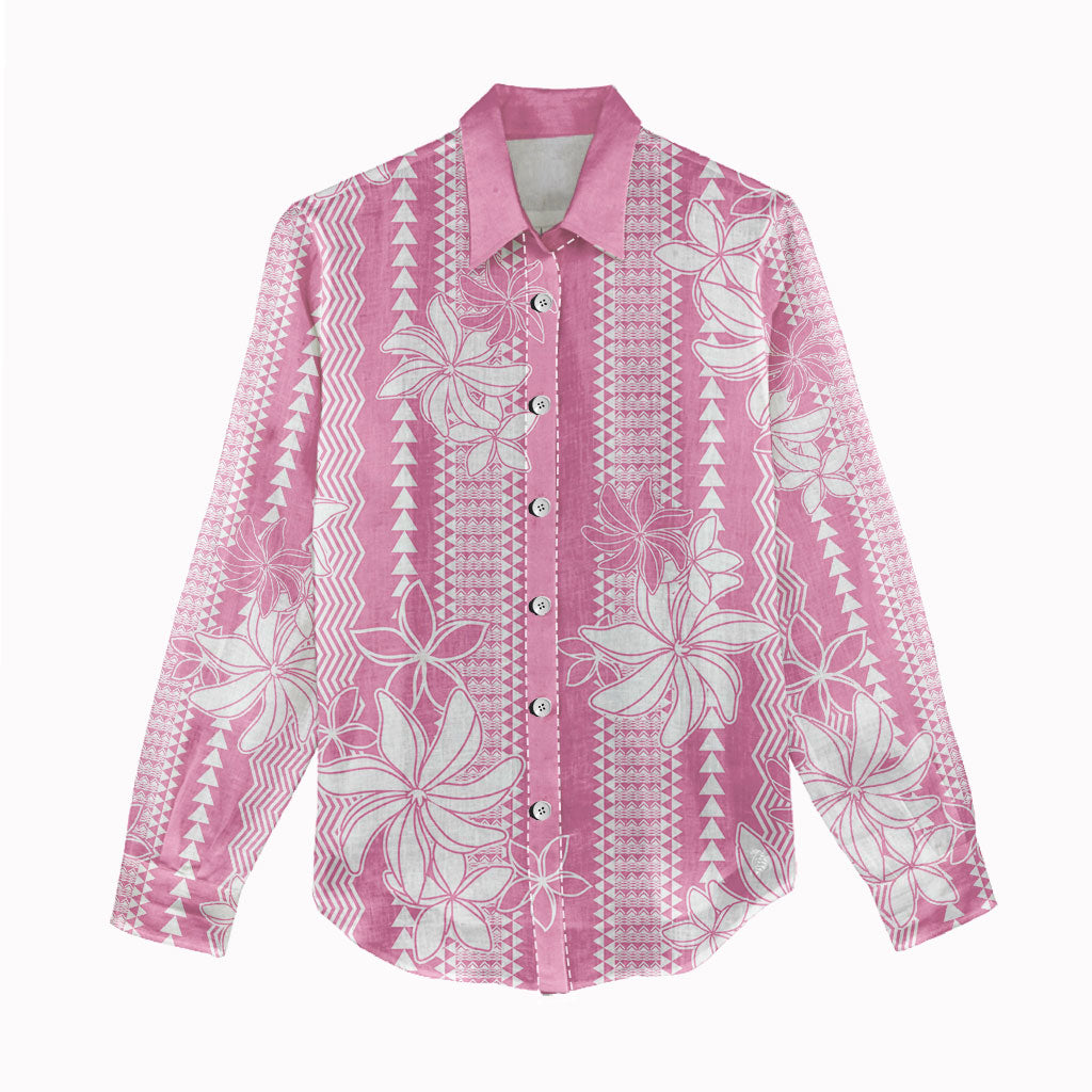 Hawaii Kakau Tribal Women Casual Shirt With Pink Tiare LT05 - Polynesian Pride