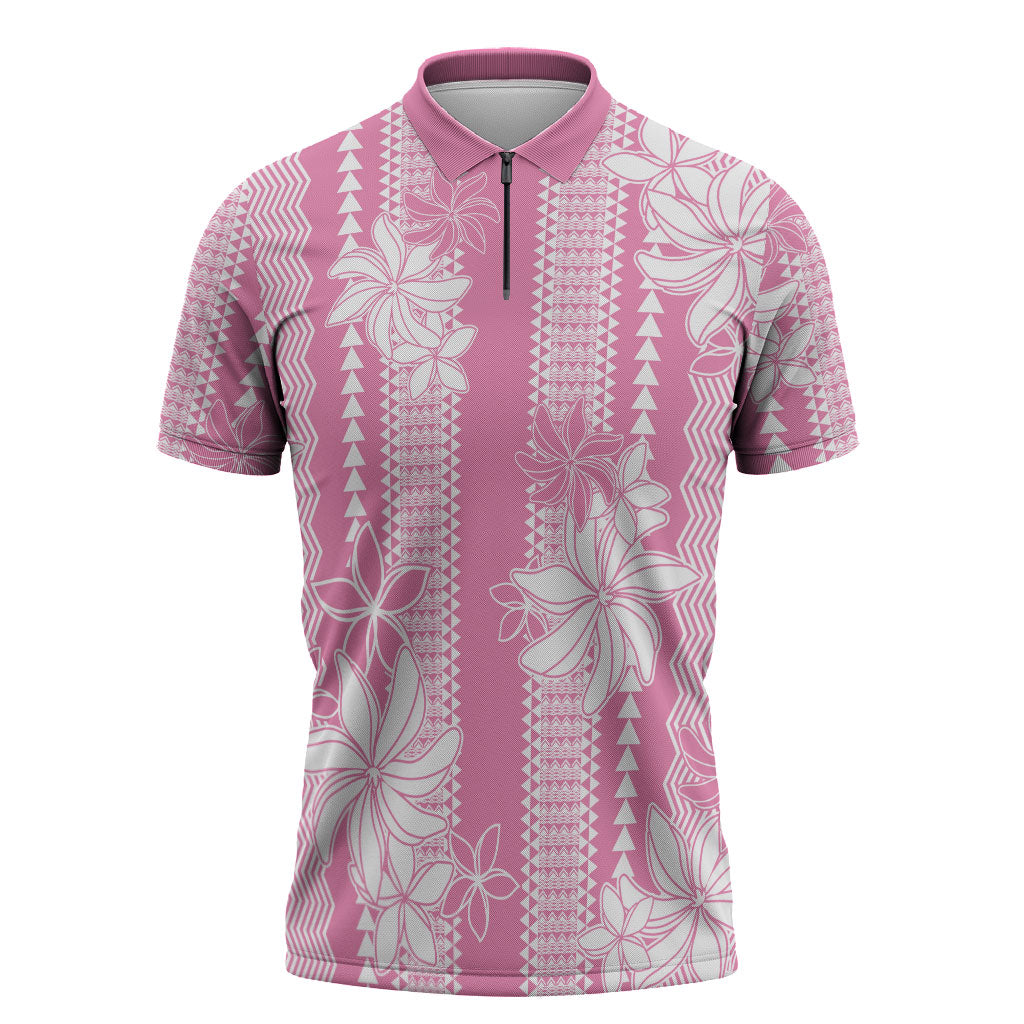 Hawaii Kakau Tribal Zipper Polo Shirt With Pink Tiare