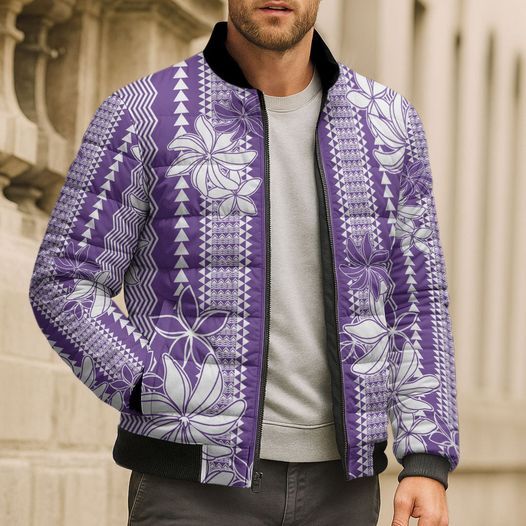 Hawaii Kakau Tribal Bomber Puffer Jacket With Purple Tiare LT05 - Polynesian Pride