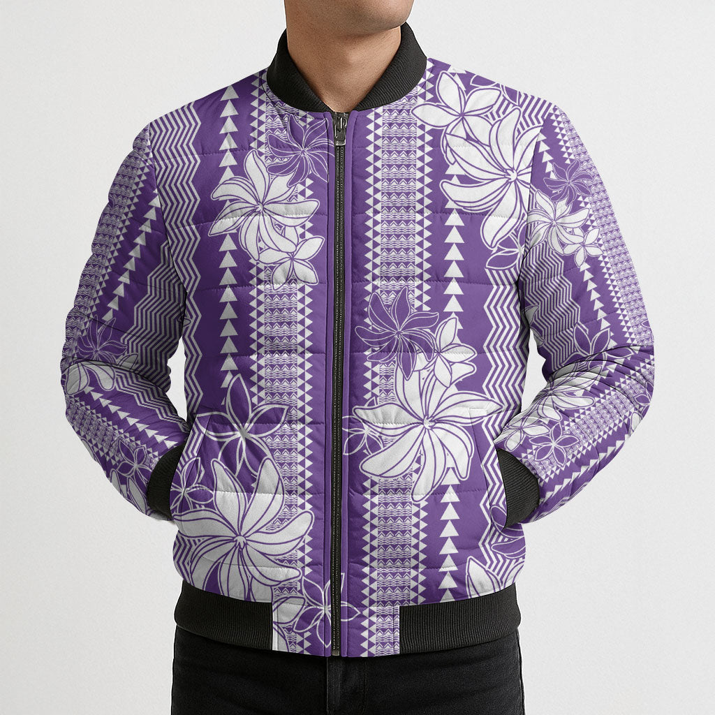 Hawaii Kakau Tribal Bomber Puffer Jacket With Purple Tiare LT05 - Polynesian Pride