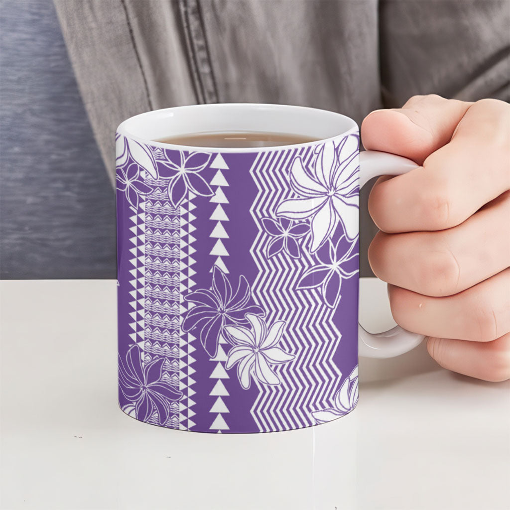 Hawaii Kakau Tribal Ceramic Mug With Purple Tiare LT05 - Polynesian Pride