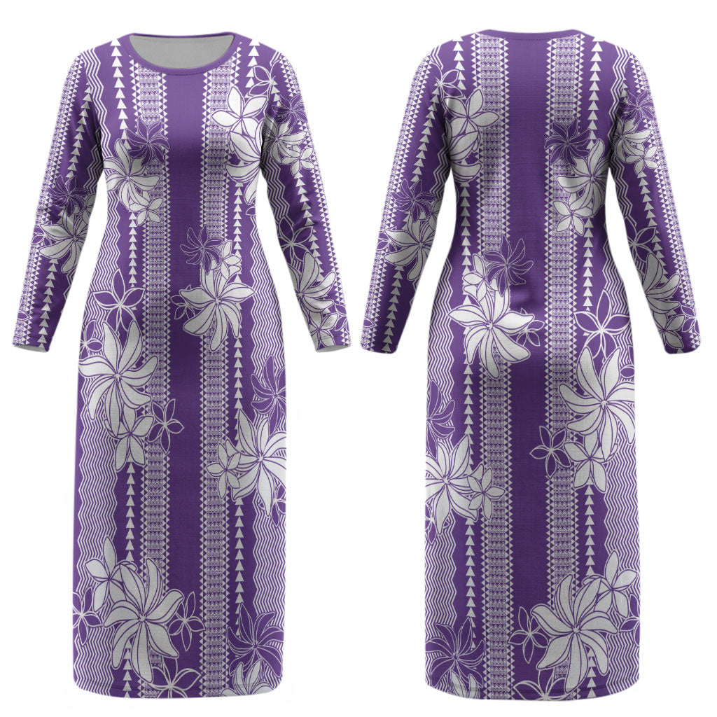 Hawaii Kakau Tribal Couples Matching Long Sleeve Bodycon Dress and Hawaiian Shirt With Purple Tiare LT05