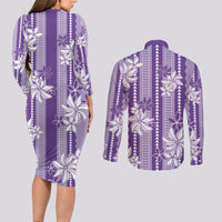 Hawaii Kakau Tribal Couples Matching Long Sleeve Bodycon Dress and Long Sleeve Button Shirt With Purple Tiare