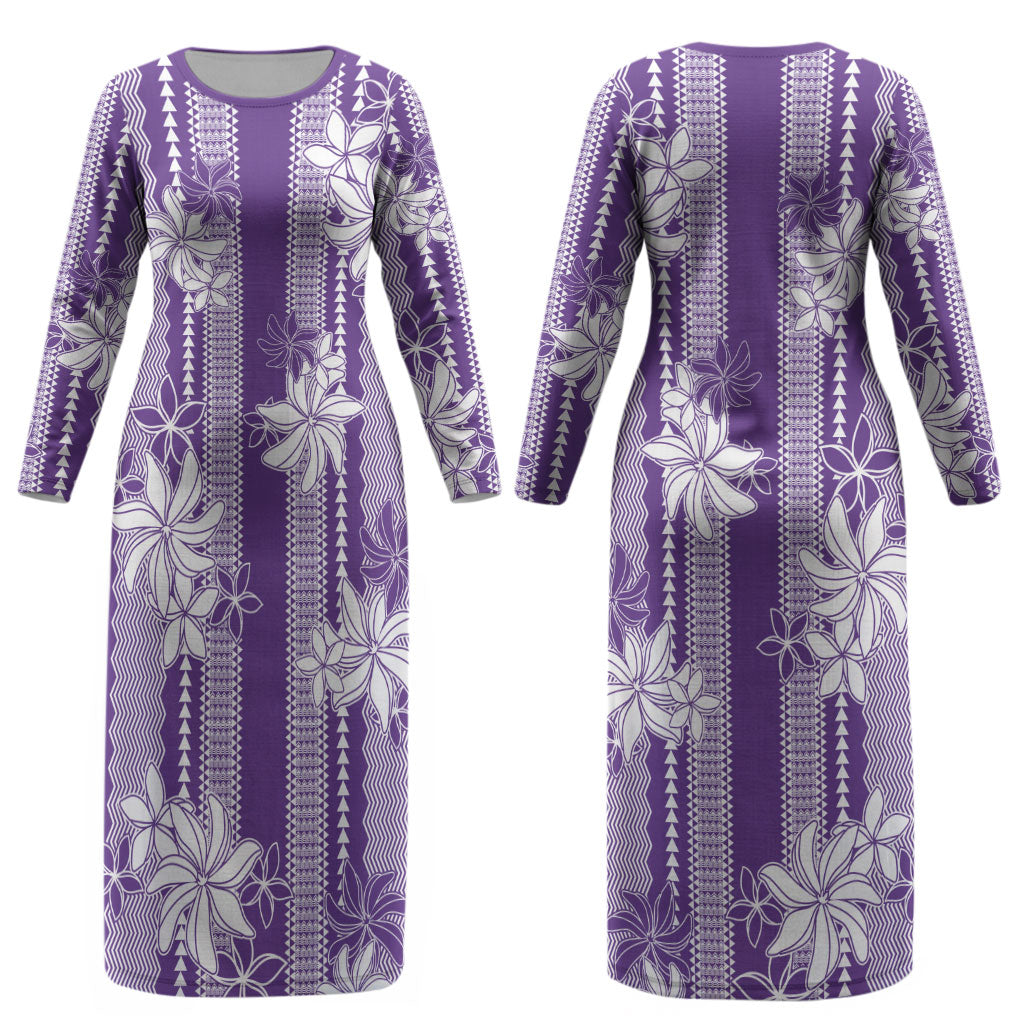 Hawaii Kakau Tribal Couples Matching Long Sleeve Bodycon Dress and Long Sleeve Button Shirt With Purple Tiare LT05