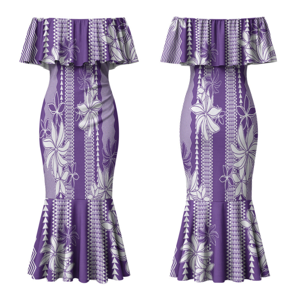 Hawaii Kakau Tribal Couples Matching Mermaid Dress and Hawaiian Shirt With Purple Tiare LT05