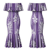 Hawaii Kakau Tribal Couples Matching Mermaid Dress and Long Sleeve Button Shirt With Purple Tiare LT05