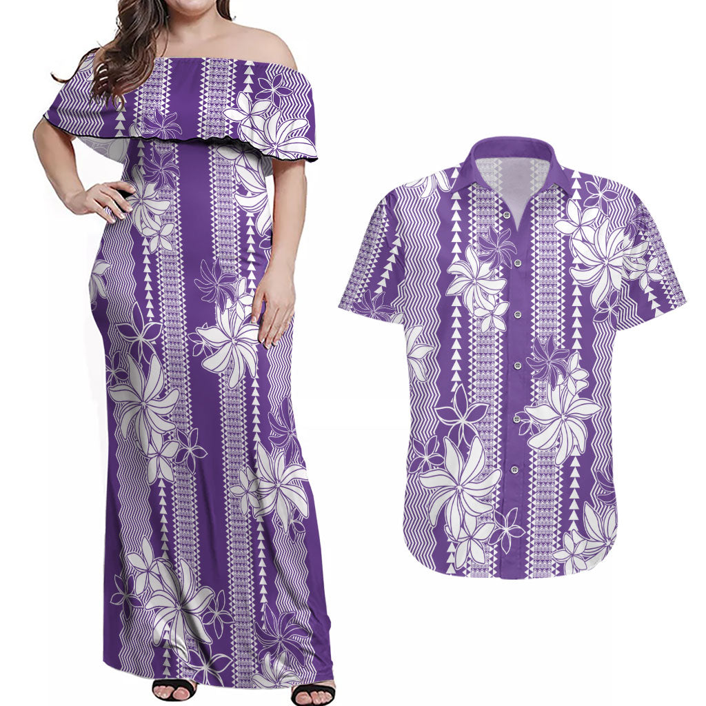 Hawaii Kakau Tribal Couples Matching Off Shoulder Maxi Dress and Hawaiian Shirt With Purple Tiare LT05 Purple - Polynesian Pride