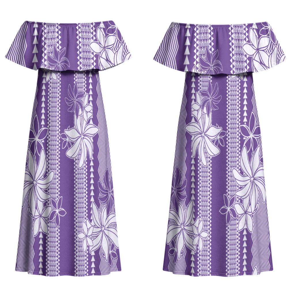 Hawaii Kakau Tribal Couples Matching Off Shoulder Maxi Dress and Long Sleeve Button Shirt With Purple Tiare LT05