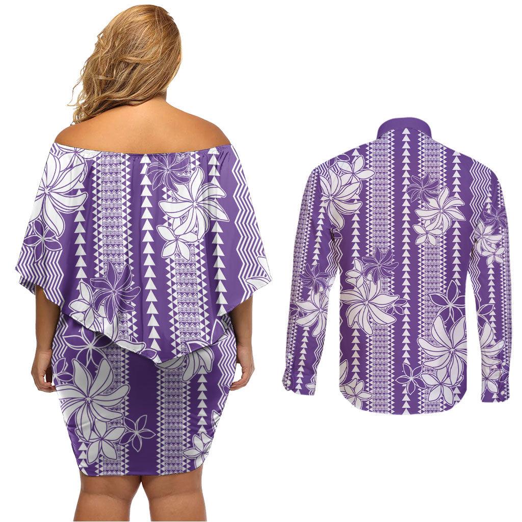 Hawaii Kakau Tribal Couples Matching Off Shoulder Short Dress and Long Sleeve Button Shirt With Purple Tiare