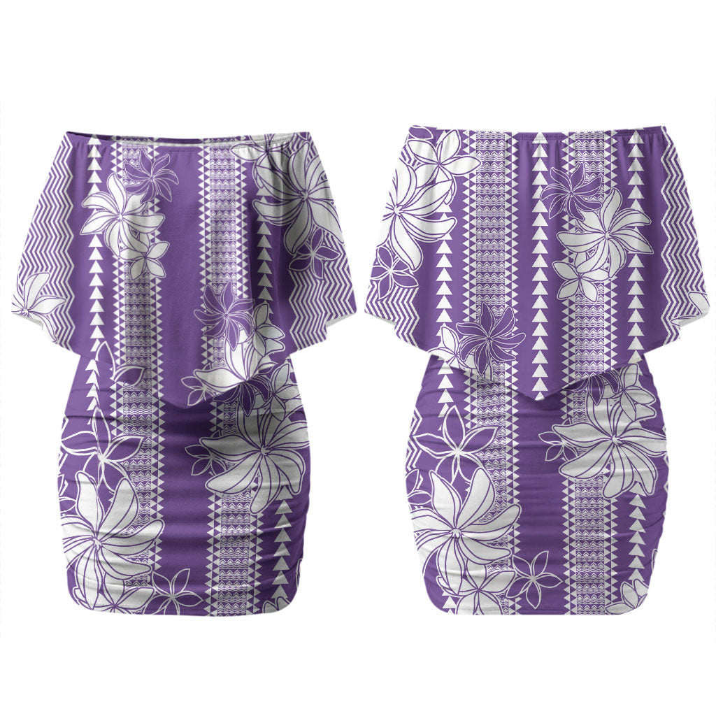 Hawaii Kakau Tribal Couples Matching Off Shoulder Short Dress and Long Sleeve Button Shirt With Purple Tiare LT05