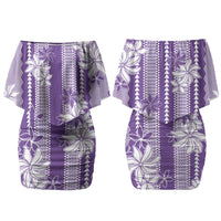 Hawaii Kakau Tribal Couples Matching Off Shoulder Short Dress and Long Sleeve Button Shirt With Purple Tiare LT05