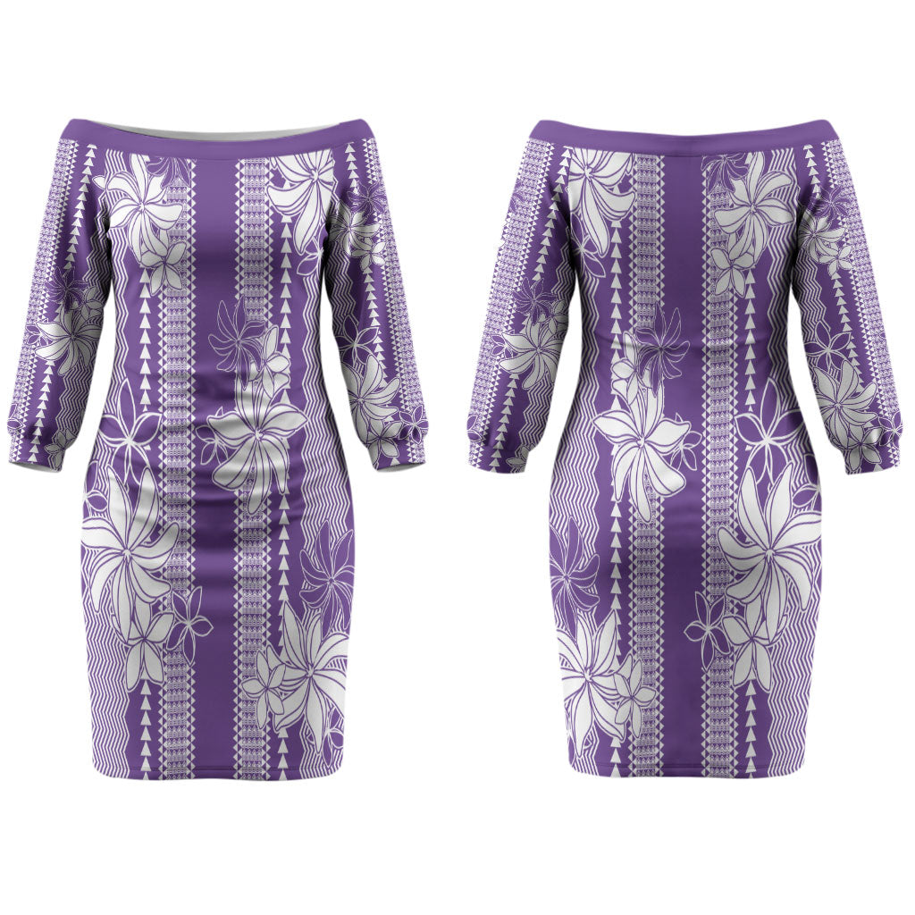 Hawaii Kakau Tribal Couples Matching Off The Shoulder Long Sleeve Dress and Long Sleeve Button Shirt With Purple Tiare LT05