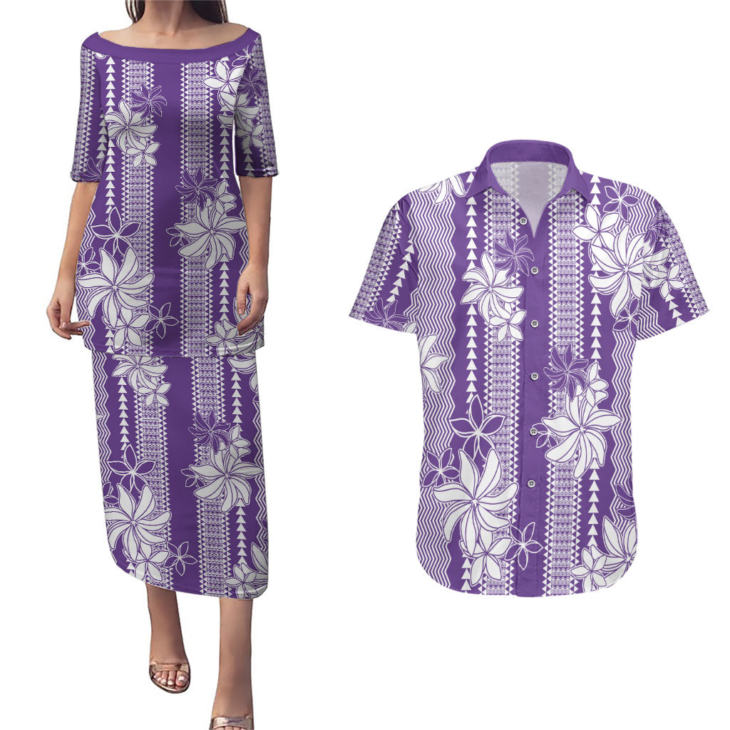Hawaii Kakau Tribal Couples Matching Puletasi and Hawaiian Shirt With Purple Tiare LT05 Purple - Polynesian Pride