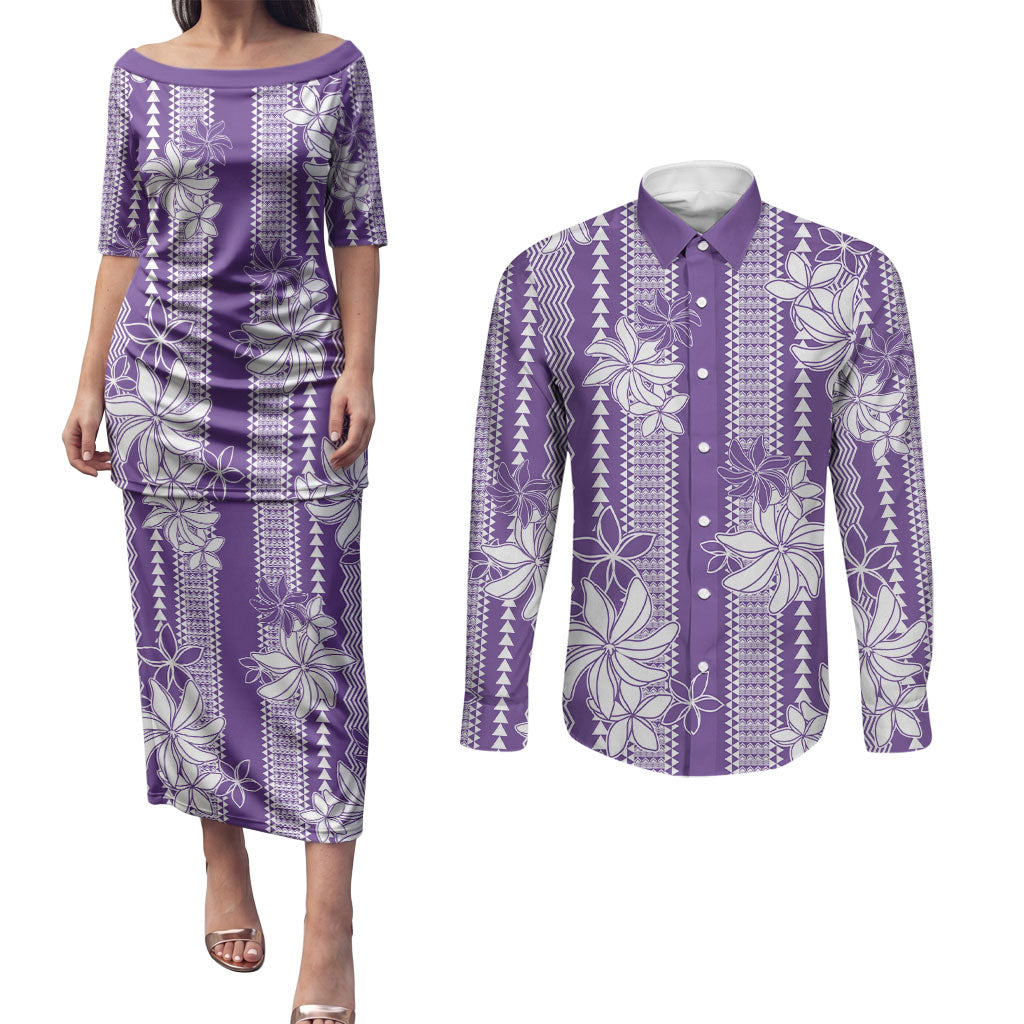 Hawaii Kakau Tribal Couples Matching Puletasi and Long Sleeve Button Shirt With Purple Tiare LT05 Purple - Polynesian Pride