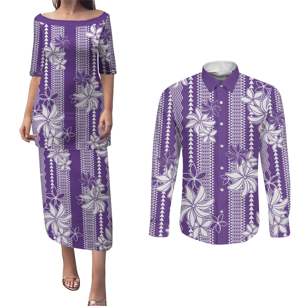 Hawaii Kakau Tribal Couples Matching Puletasi and Long Sleeve Button Shirt With Purple Tiare LT05 Purple - Polynesian Pride
