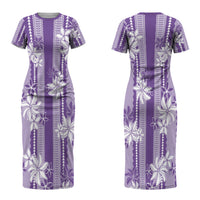 Hawaii Kakau Tribal Couples Matching Short Sleeve Bodycon Dress and Hawaiian Shirt With Purple Tiare LT05
