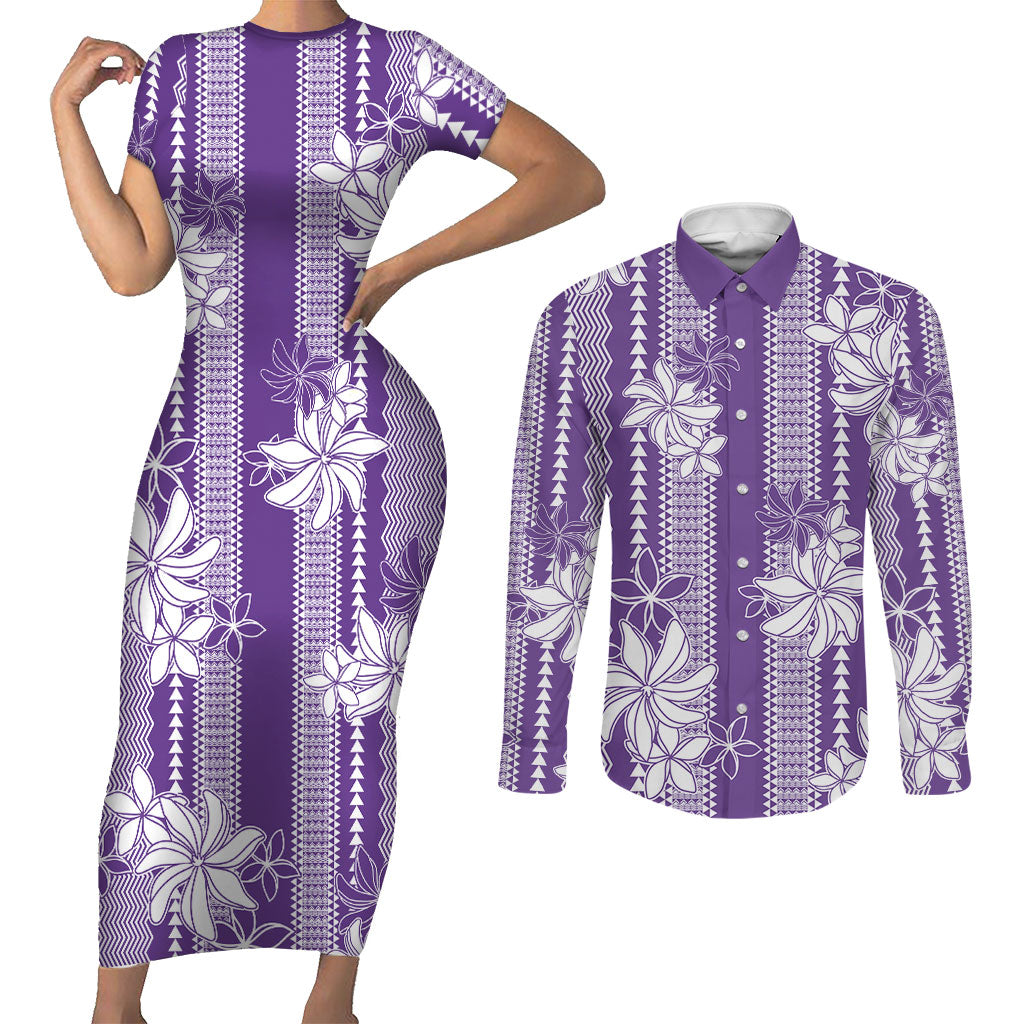 Hawaii Kakau Tribal Couples Matching Short Sleeve Bodycon Dress and Long Sleeve Button Shirt With Purple Tiare LT05 Purple - Polynesian Pride