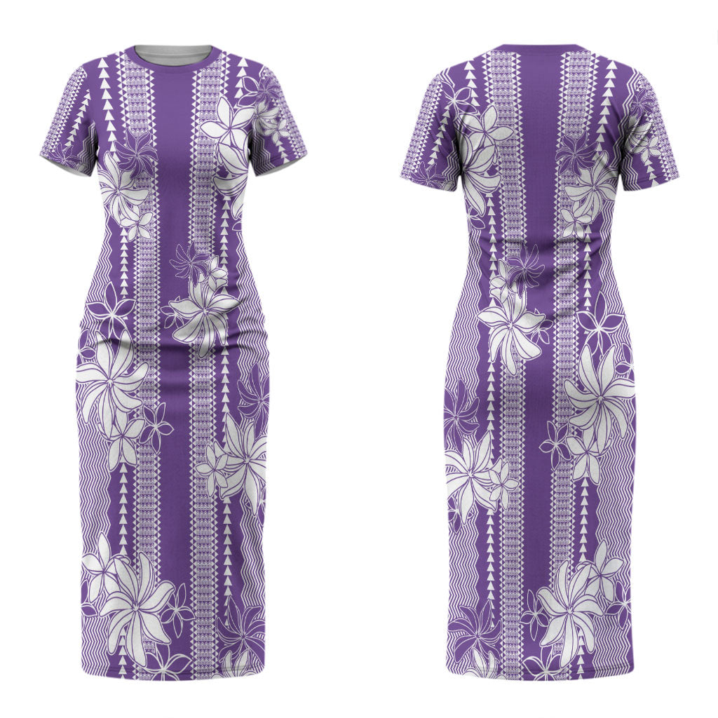Hawaii Kakau Tribal Couples Matching Short Sleeve Bodycon Dress and Long Sleeve Button Shirt With Purple Tiare LT05