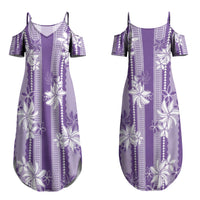 Hawaii Kakau Tribal Couples Matching Summer Maxi Dress and Hawaiian Shirt With Purple Tiare LT05