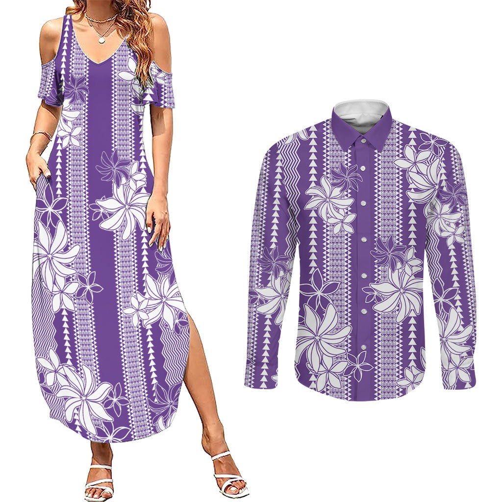 Hawaii Kakau Tribal Couples Matching Summer Maxi Dress and Long Sleeve Button Shirt With Purple Tiare LT05 Purple - Polynesian Pride