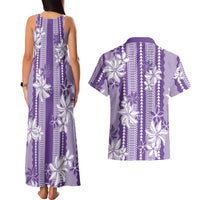 Hawaii Kakau Tribal Couples Matching Tank Maxi Dress and Hawaiian Shirt With Purple Tiare