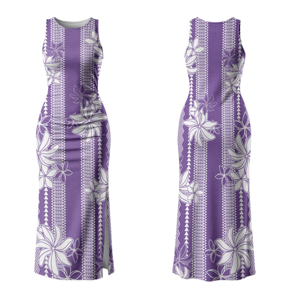 Hawaii Kakau Tribal Couples Matching Tank Maxi Dress and Long Sleeve Button Shirt With Purple Tiare LT05