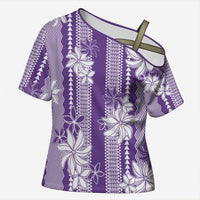 Hawaii Kakau Tribal Cross Shoulder Shirt With Purple Tiare