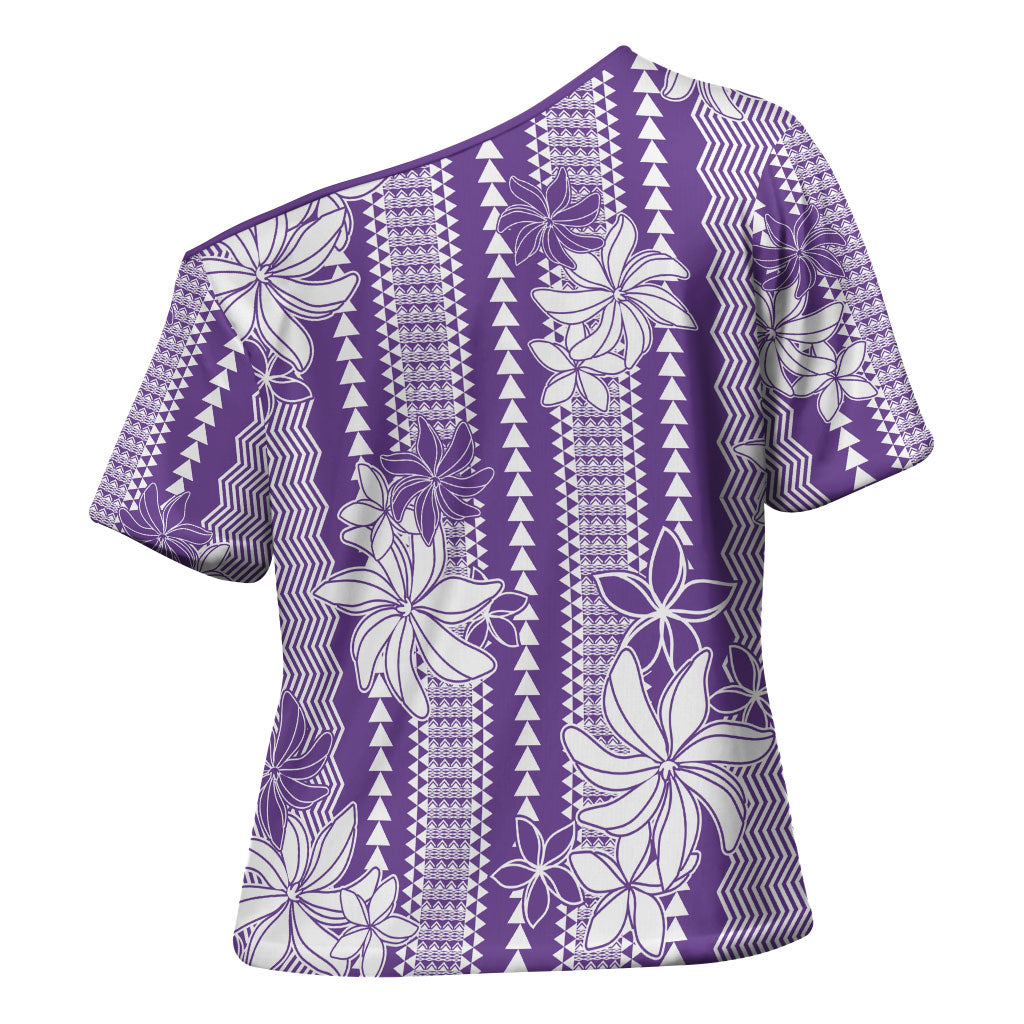 Hawaii Kakau Tribal Cross Shoulder Shirt With Purple Tiare