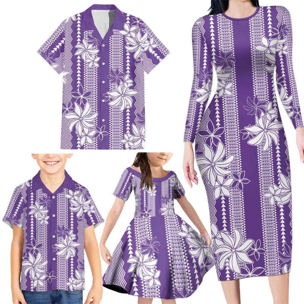 Hawaii Kakau Tribal Family Matching Long Sleeve Bodycon Dress and Hawaiian Shirt With Purple Tiare LT05 - Polynesian Pride