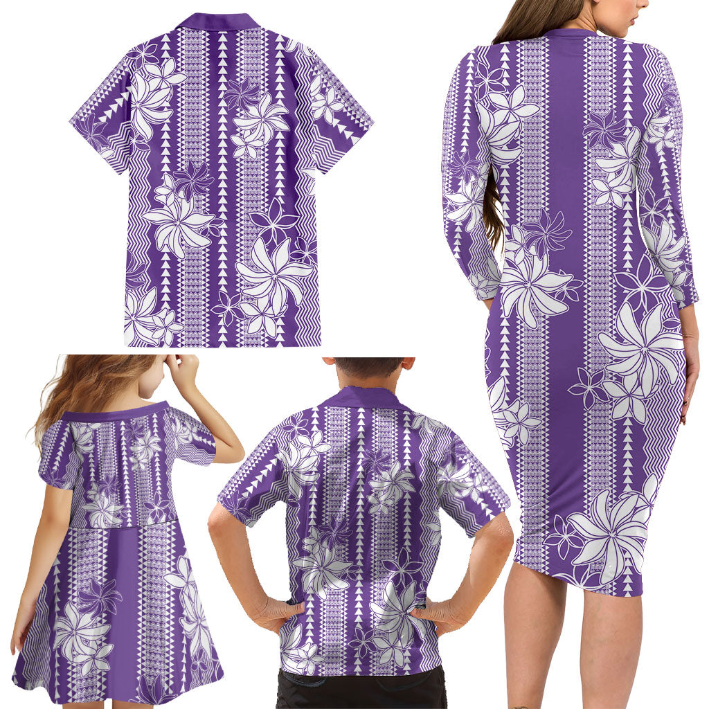 Hawaii Kakau Tribal Family Matching Long Sleeve Bodycon Dress and Hawaiian Shirt With Purple Tiare