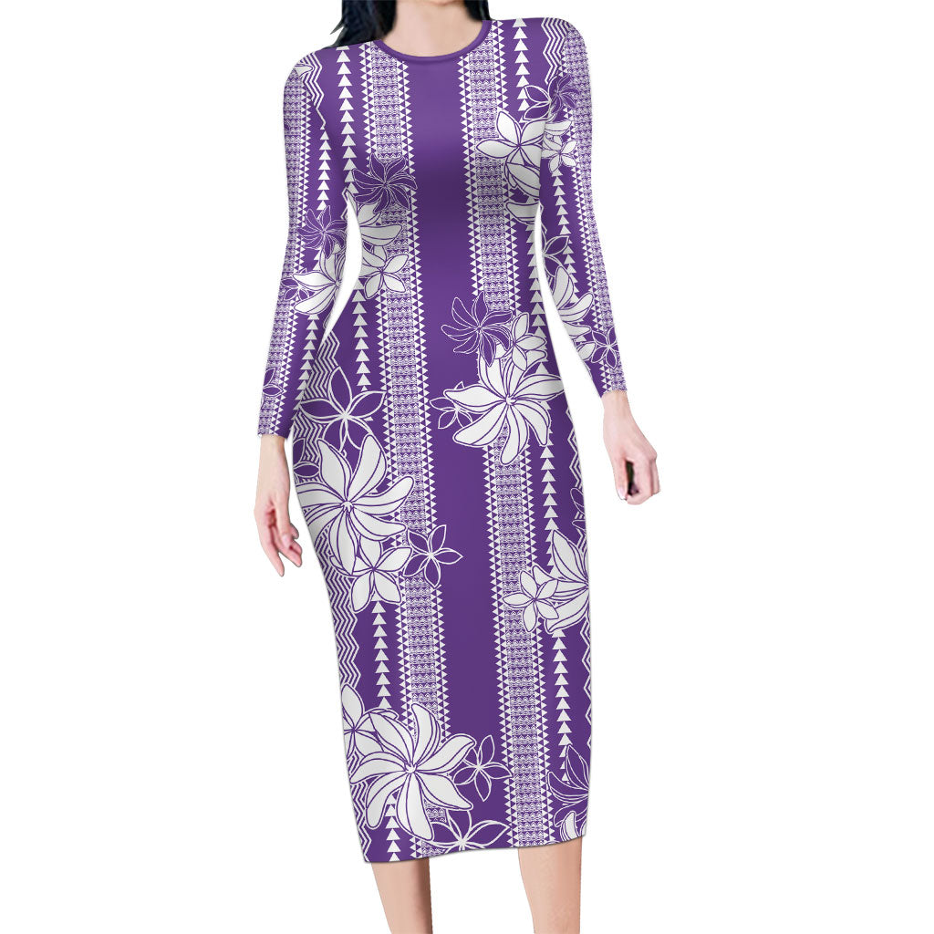 Hawaii Kakau Tribal Family Matching Long Sleeve Bodycon Dress and Hawaiian Shirt With Purple Tiare