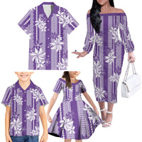 Hawaii Kakau Tribal Family Matching Off The Shoulder Long Sleeve Dress and Hawaiian Shirt With Purple Tiare