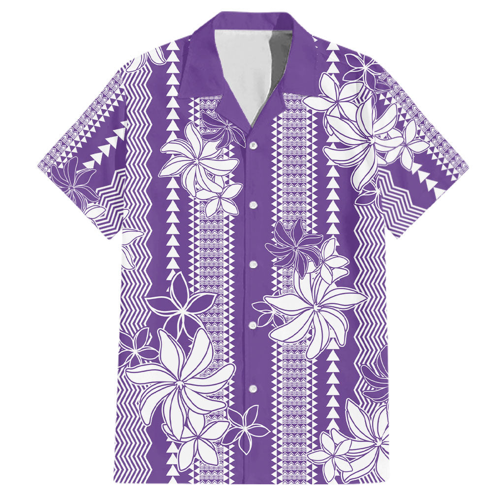 Hawaii Kakau Tribal Family Matching Off The Shoulder Long Sleeve Dress and Hawaiian Shirt With Purple Tiare