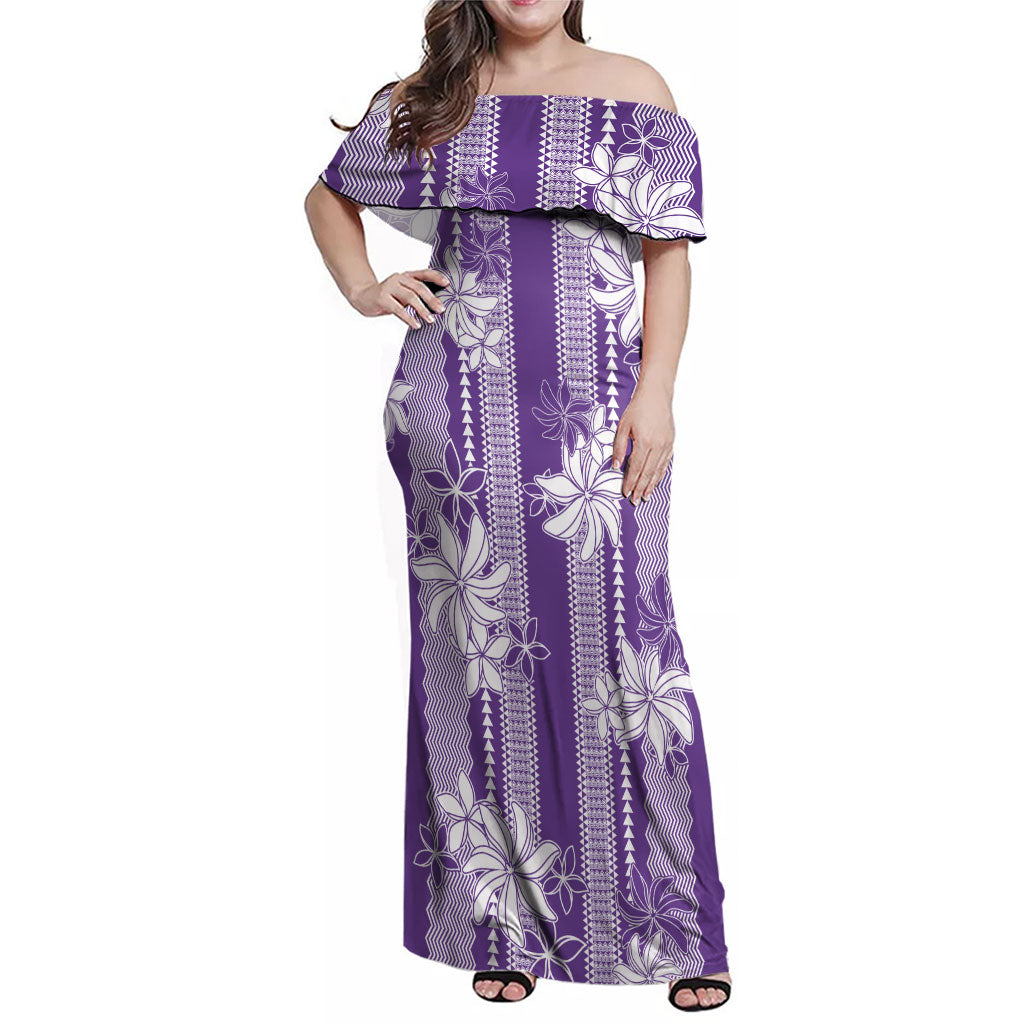 Hawaii Kakau Tribal Family Matching Off Shoulder Maxi Dress and Hawaiian Shirt With Purple Tiare