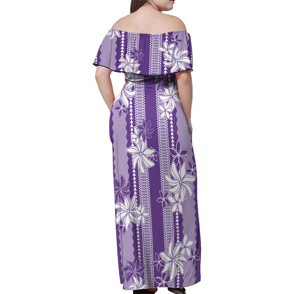 Hawaii Kakau Tribal Family Matching Off Shoulder Maxi Dress and Hawaiian Shirt With Purple Tiare
