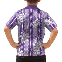 Hawaii Kakau Tribal Family Matching Off Shoulder Short Dress and Hawaiian Shirt With Purple Tiare