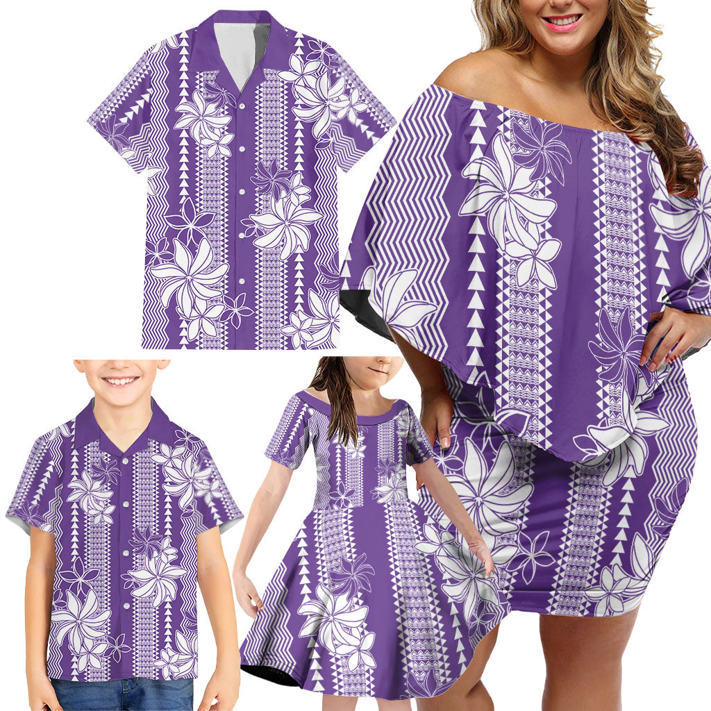 Hawaii Kakau Tribal Family Matching Off Shoulder Short Dress and Hawaiian Shirt With Purple Tiare